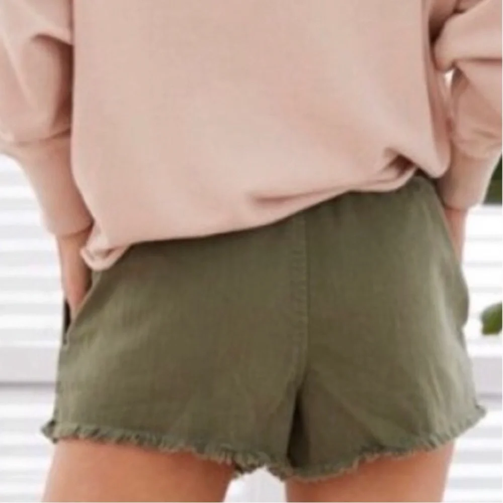AERIE Green Frayed Denim Shorts With Elastic Waist & Pockets Size XS